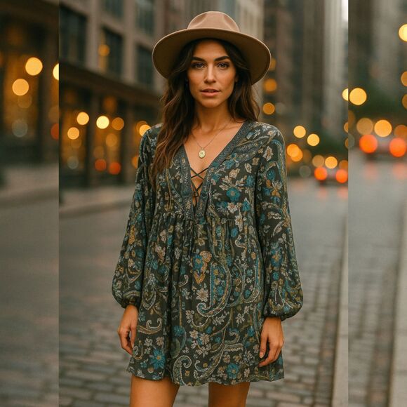 Free People Dresses & Skirts - Free People Mini Dress S Gray Boho Floral Long Sleeve Crochet Yoke Lined Flowy